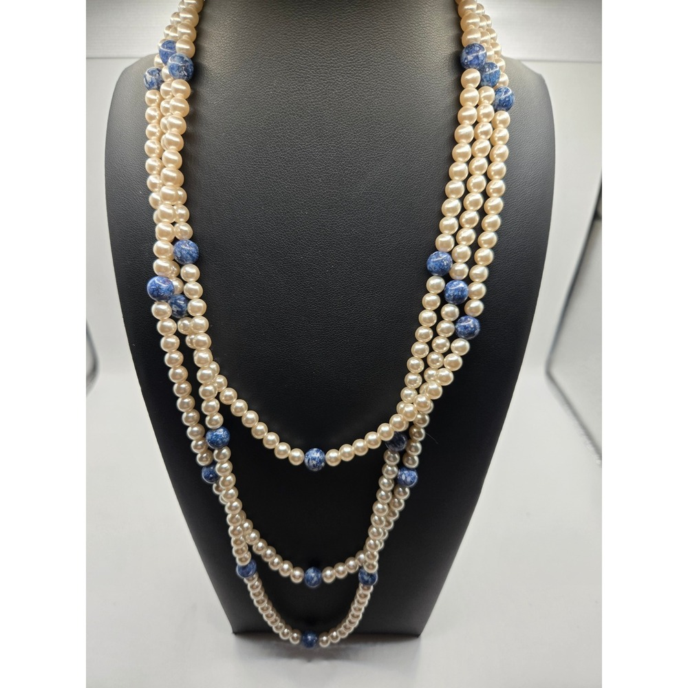 Vintage Triple Strand Faux Pearl Necklace Blue Lapis Glass Beads Gold Tone Clasp